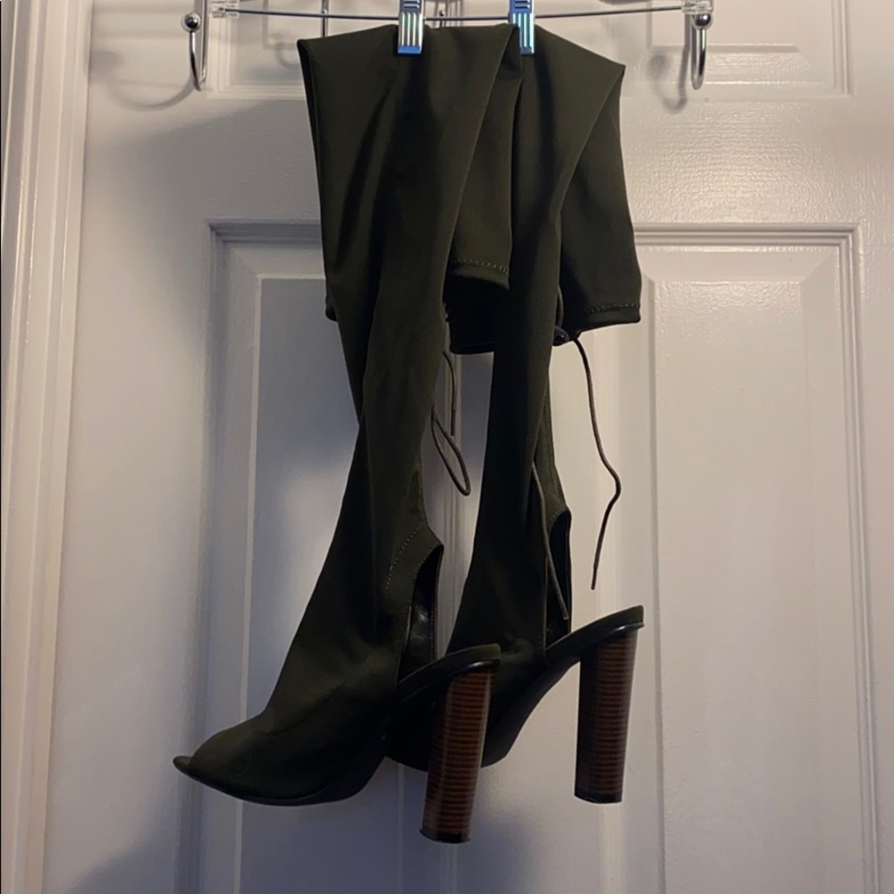 Olive peeptoe thigh high heel boots